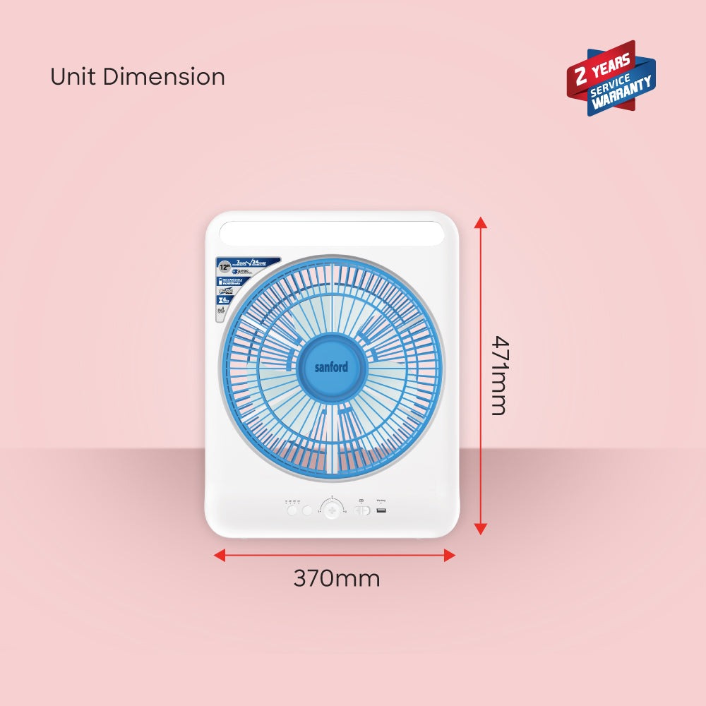 Sanford 12” Rechargeable Box Fan with LED Light and 4500mAh Battery – 3-Speed AC/DC Fan with 24 LEDs and 4H Timer24 LED | Up to 24H Runtime