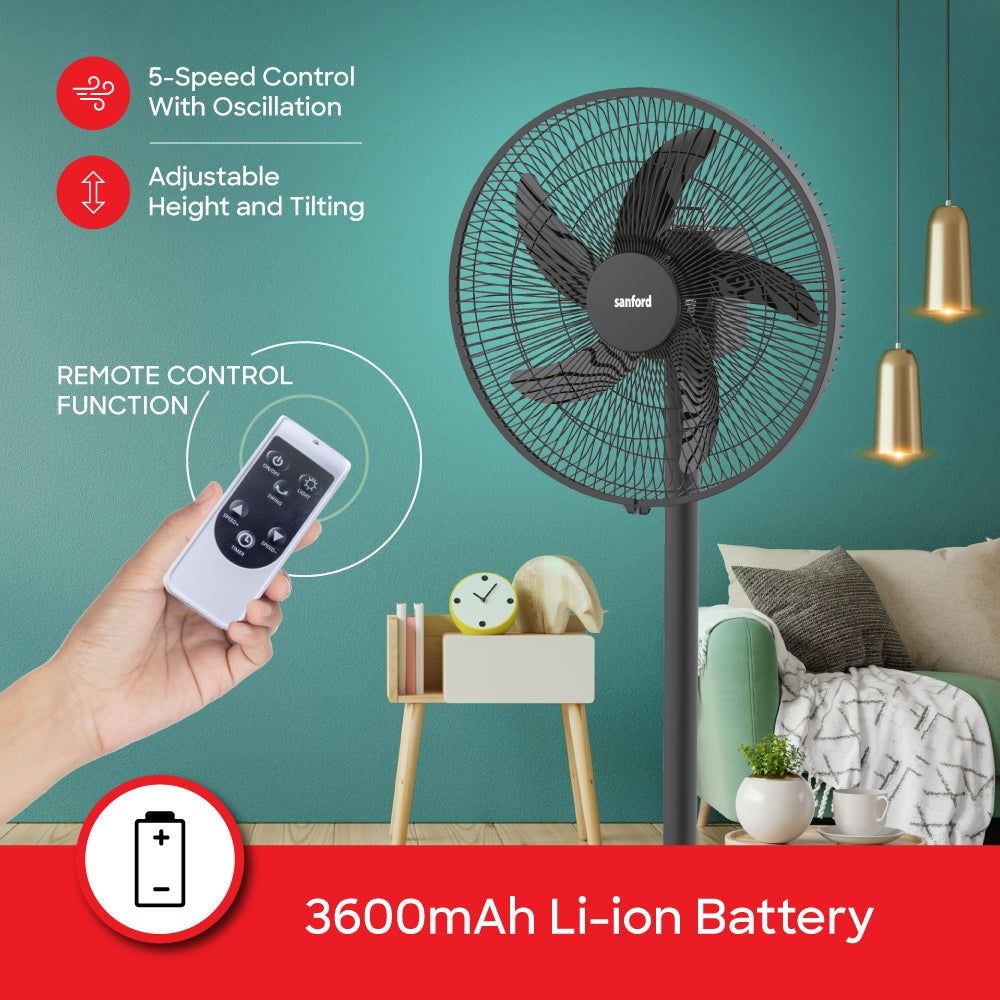 Sanford 16” Rechargeable Stand Fan – 5-in-1 Multi-Functional Tower Fan with LED Light, 5 Speeds, 45H Runtime, USB Charging & Oscillation | AC/DC Use
