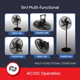 Sanford 16” Rechargeable Stand Fan – 5-in-1 Multi-Functional Tower Fan with LED Light, 5 Speeds, 45H Runtime, USB Charging & Oscillation | AC/DC Use