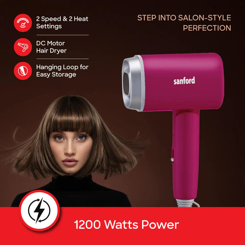 Sanford 1200W Compact Hair Dryer with Foldable Handle | 2 Speed & 2 Heat Settings | DC Motor