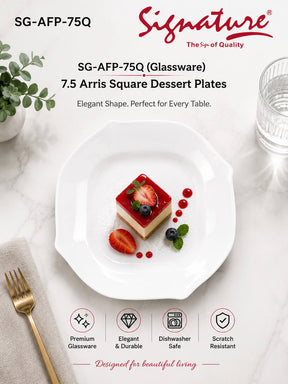 Signature Arris Square Glassware Plates – Scratch-Resistant & Dishwasher Safe - 7.5 inch Dessert Plate