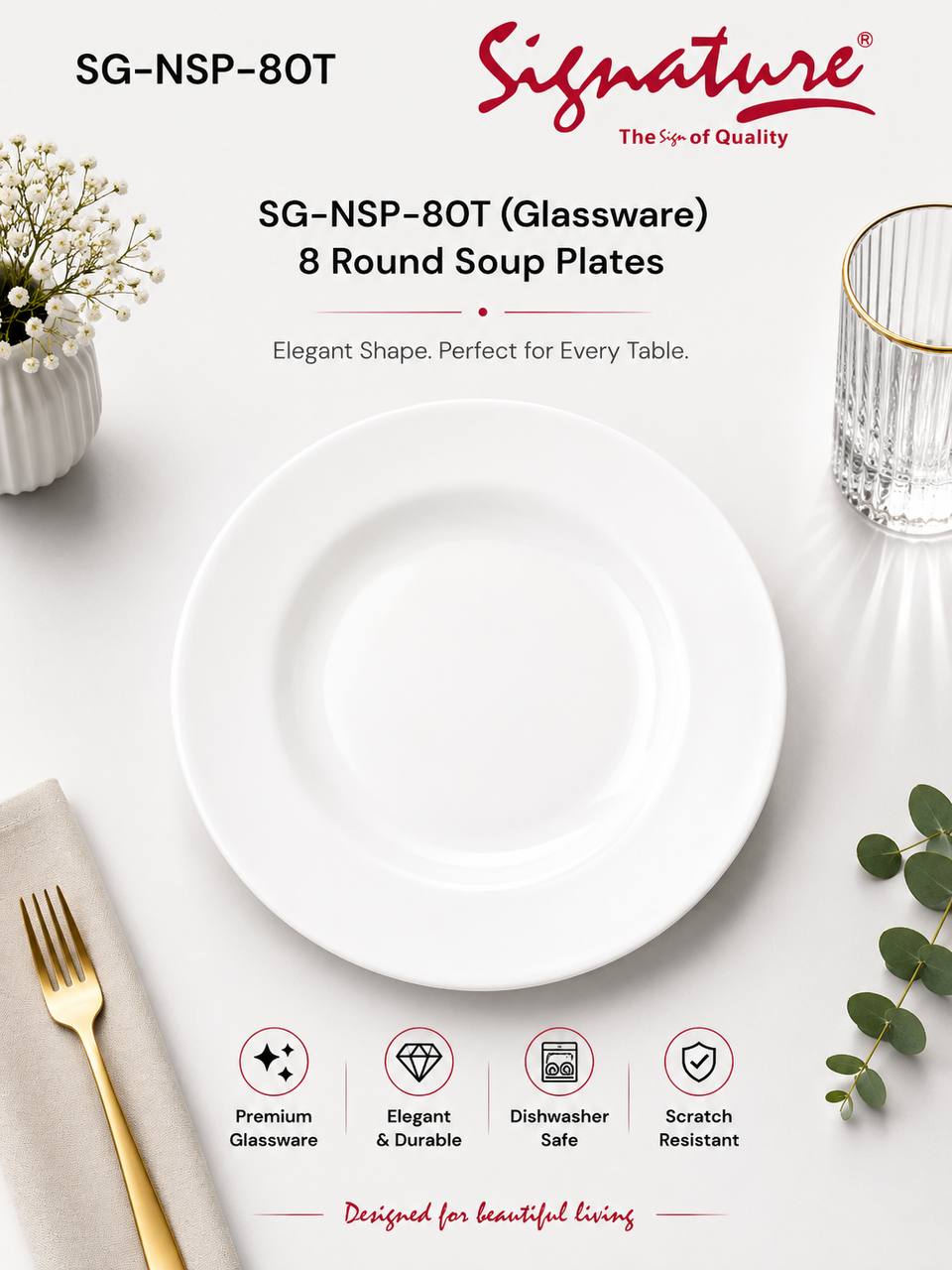 Signature Round Glassware Plates – Scratch-Resistant & Dishwasher Safe - 8 inch Soup Plate
