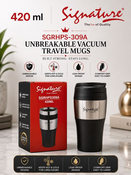 Signature 420 ml Unbreakable Vacuum Travel Mug – Double-Wall Insulated - Black & Silver
