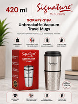 Signature 420 ml Unbreakable Vacuum Travel Mug – Double-Wall Insulated - Silver – Textured