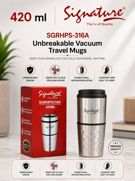 Signature 420 ml Unbreakable Vacuum Travel Mug – Double-Wall Insulated - Silver – Textured