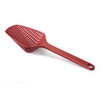 Joseph Joseph Scoop large colander 34cm in red, shown with its pan hooks for draining and serving.