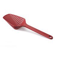 Joseph Joseph Scoop large colander 34cm in red, shown with its pan hooks for draining and serving.