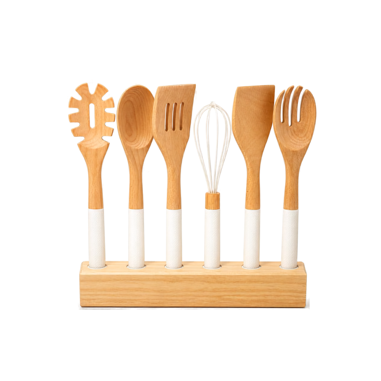7 Piece Beech Wood Kitchen Utensil Set Kenya | Mwiko Cooking Spoon Set with Wooden Stand, Cream Silicone Handles, Non-Scratch Utensils for Non-Stick Cookware