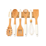 7 Piece Beech Wood Kitchen Utensil Set Kenya | Mwiko Cooking Spoon Set with Wooden Stand, Cream Silicone Handles, Non-Scratch Utensils for Non-Stick Cookware