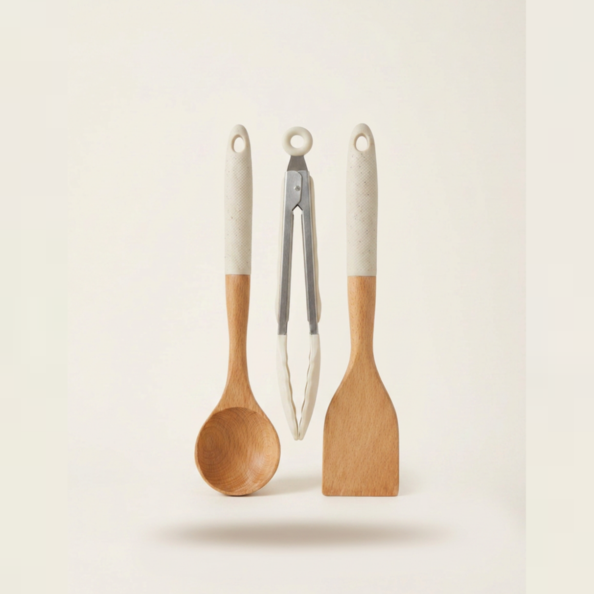 3 Piece Wooden Kitchen Utensil Set Kenya | Mwiko Serving Spoon, Turner & Tongs with Black Silicone Handles, Non-Scratch Utensils for Non-Stick Cookware