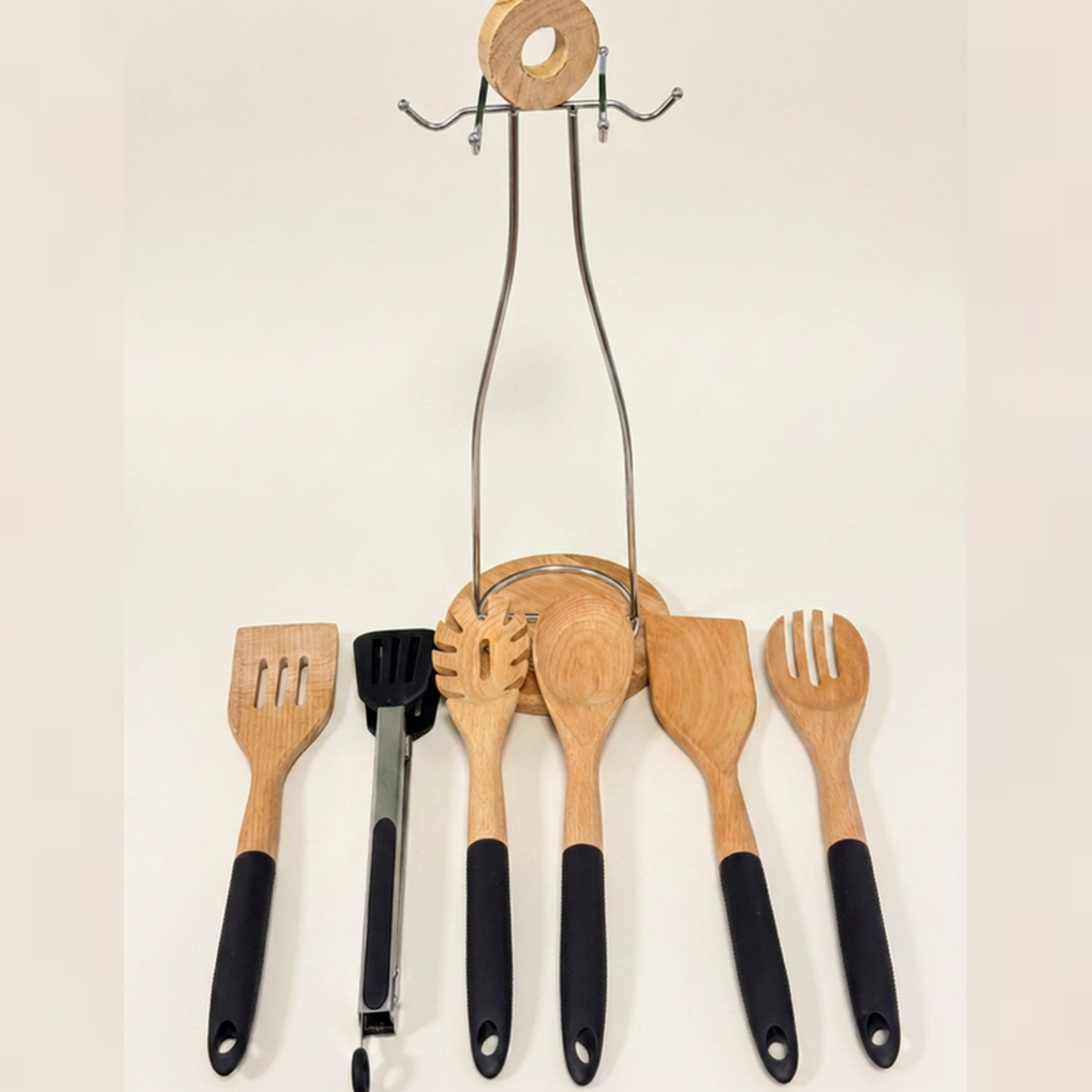 Bamboo Kitchen Utensil Set with Silicone Handles Kenya | 6 Piece Mwiko Cooking Spoon Set with Stand, Non-Scratch Utensils for Non-Stick Cookware
