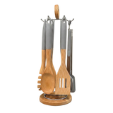 Bamboo Kitchen Utensil Set with Silicone Handles Kenya | 6 Piece Mwiko Cooking Spoon Set with Stand, Non-Scratch Utensils for Non-Stick Cookware