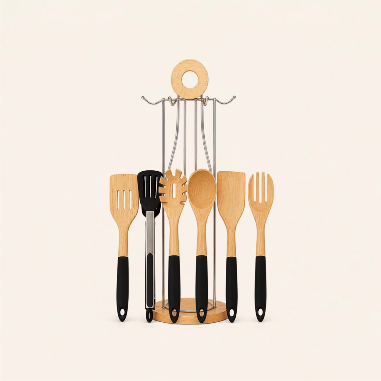 Bamboo Kitchen Utensil Set with Silicone Handles Kenya | 6 Piece Mwiko Cooking Spoon Set with Stand, Non-Scratch Utensils for Non-Stick Cookware