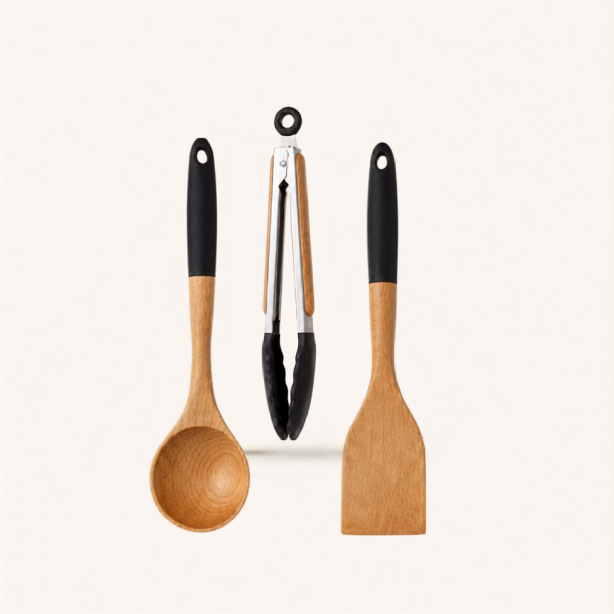 3 Piece Wooden Kitchen Utensil Set Kenya | Mwiko Serving Spoon, Turner & Tongs with Black Silicone Handles, Non-Scratch Utensils for Non-Stick Cookware