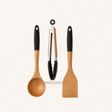 3 Piece Wooden Kitchen Utensil Set Kenya | Mwiko Serving Spoon, Turner & Tongs with Black Silicone Handles, Non-Scratch Utensils for Non-Stick Cookware