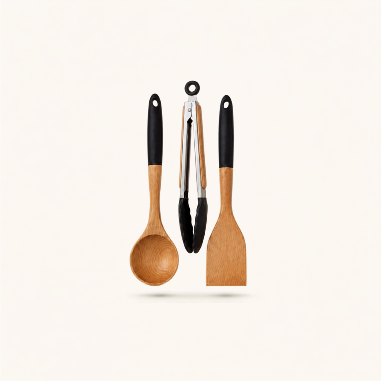 3 Piece Wooden Kitchen Utensil Set Kenya | Mwiko Serving Spoon, Turner & Tongs with Black Silicone Handles, Non-Scratch Utensils for Non-Stick Cookware