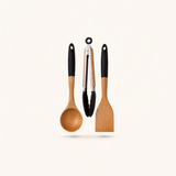 3 Piece Wooden Kitchen Utensil Set Kenya | Mwiko Serving Spoon, Turner & Tongs with Black Silicone Handles, Non-Scratch Utensils for Non-Stick Cookware