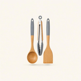 3 Piece Wooden Kitchen Utensil Set Kenya | Mwiko Serving Spoon, Turner & Tongs with Black Silicone Handles, Non-Scratch Utensils for Non-Stick Cookware