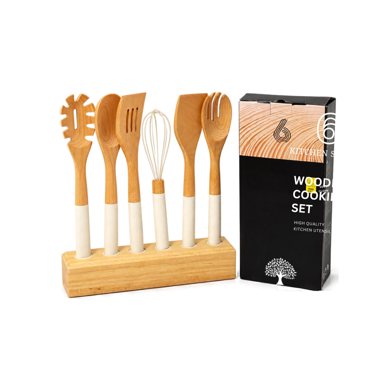 7 Piece Beech Wood Kitchen Utensil Set Kenya | Mwiko Cooking Spoon Set with Wooden Stand, Cream Silicone Handles, Non-Scratch Utensils for Non-Stick Cookware