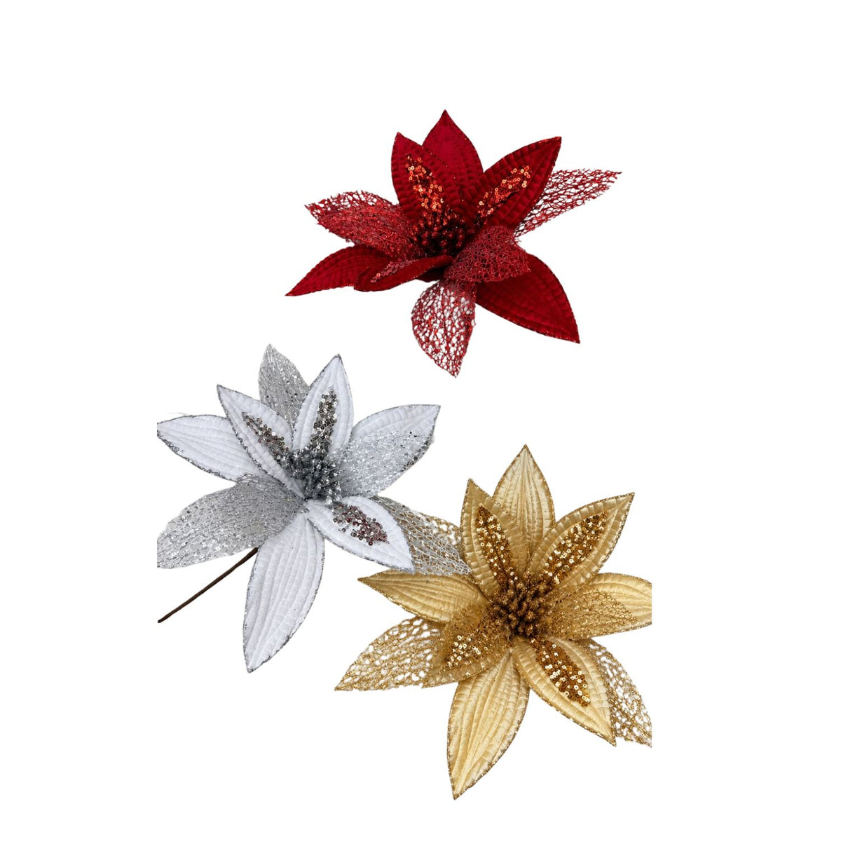 Glitter Poinsettia Christmas Flowers in Red, Gold and Silver | Sequin Velvet Christmas Tree Flower Picks with Stem