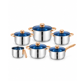 Divine Touch 12 Pcs Stainless Steel Cookware Set DT-201, Induction Base, Blue Glass Lids