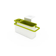 Joseph Joseph SinkAid in-sink caddy in white and green, a self-draining sponge and brush holder.