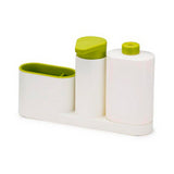 Joseph Joseph SinkBase Plus sink caddy set with soap pump in white and green.
