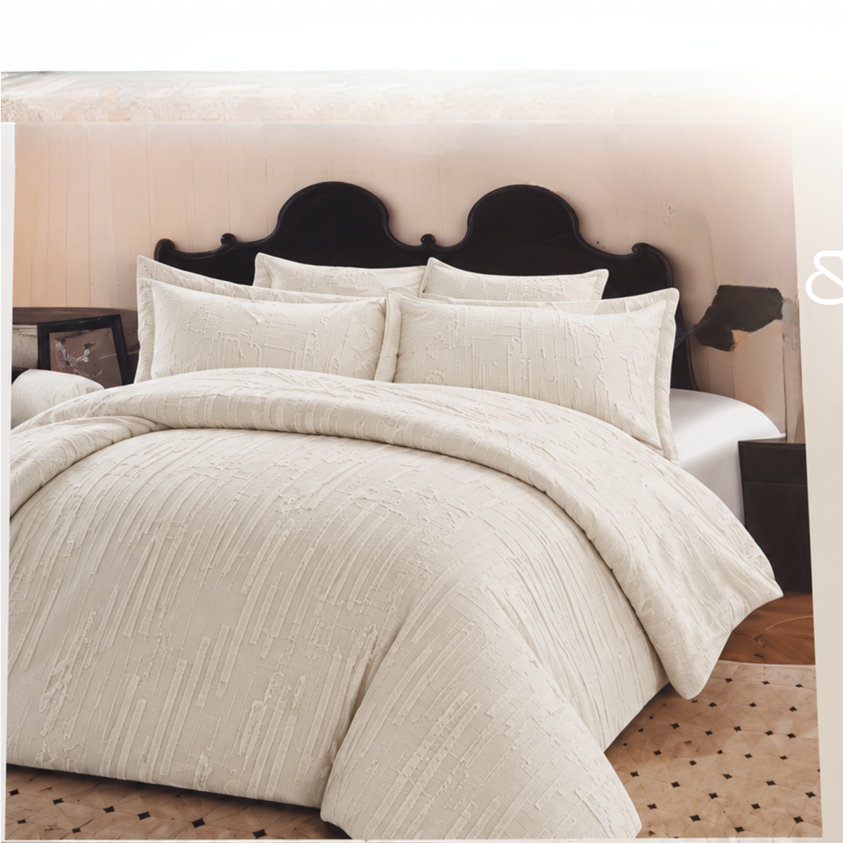 Cream Textured Stripe 6 Piece Duvet Cover Set 6x6 - Quilt Cover, Bedsheet & 4 Pillowcases
