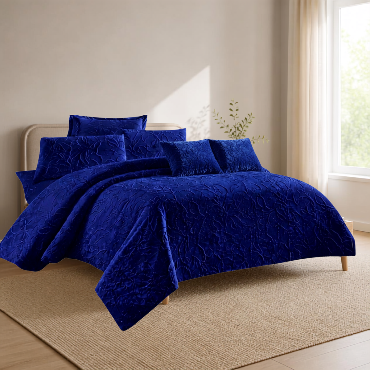 Navy Blue Embossed Floral 6 Piece Duvet Cover Set - Quilt Cover, Bedsheet & 4 Pillowcases