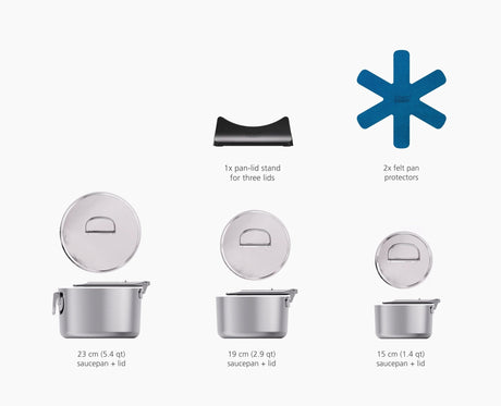 Joseph Joseph Space Steel 3 piece saucepan set with lid stand and felt pan protectors