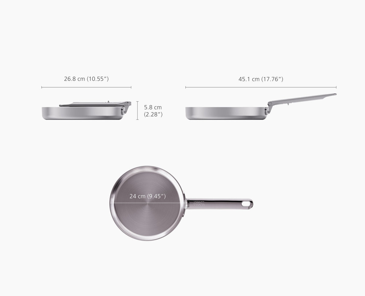 Joseph Joseph Space Steel 24cm frying pan with the handle folded for storage