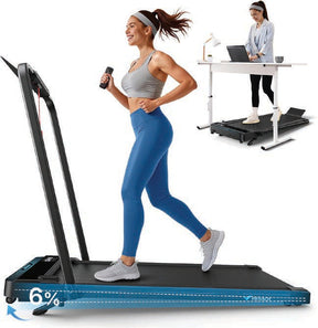 Woman jogging on the T19 walking pad with its upright support handle raised