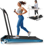 Woman jogging on the T19 walking pad with its upright support handle raised