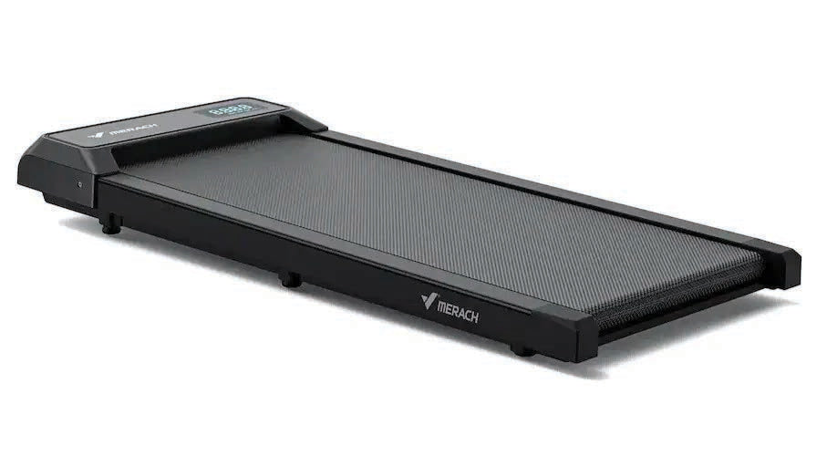 Slim black T21 walking pad treadmill lying flat, ready to slide under a desk