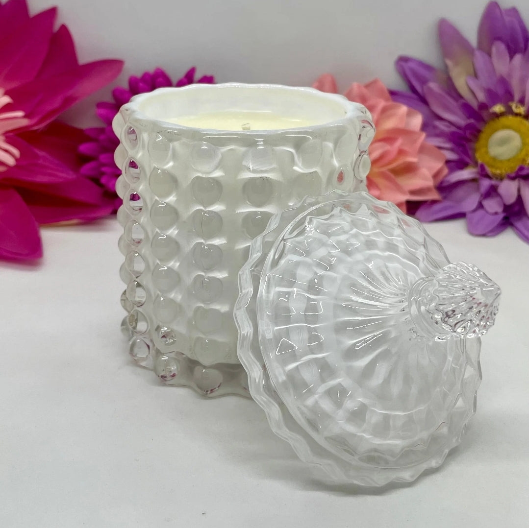 This elegant, eye catching, crisp white  glass sugar dish, vessel gives old school candy jar vibes