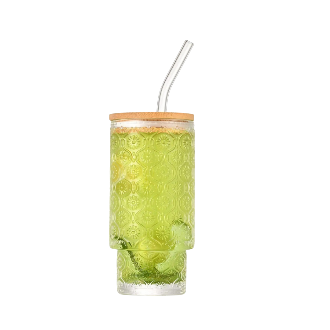 Set of 4 Ribbed Juice Glasses with Bamboo Lids & Straws – 330ml Crystal Highball Cups