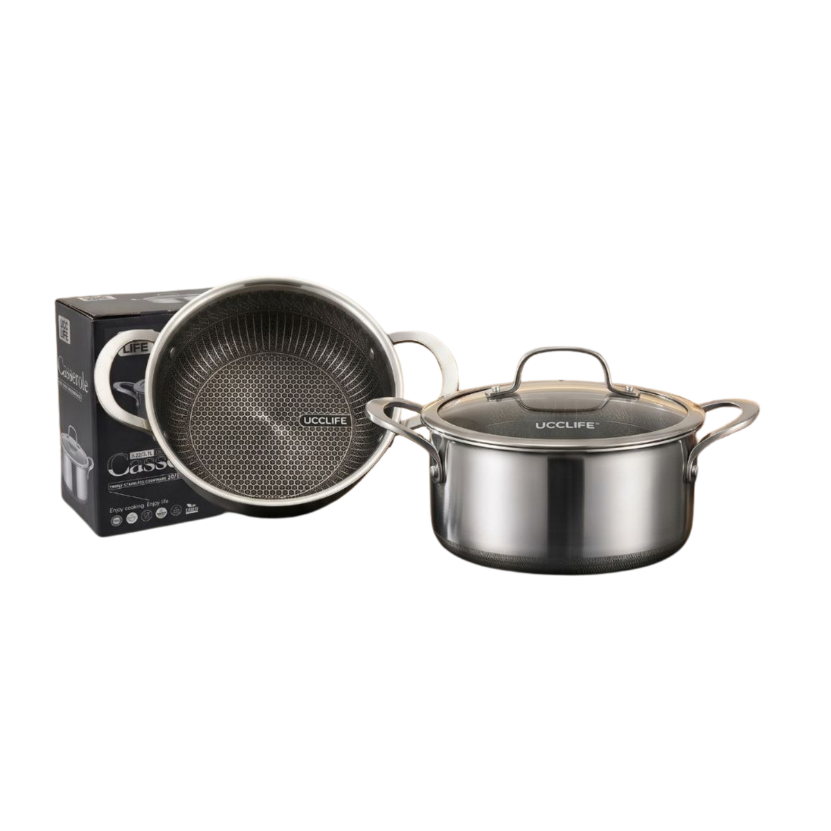 UccLife Triply Stainless Steel Casserole Pot with Glass Lid, 18cm to 28cm, Honeycomb Non Stick Sufuria, Induction and Oven Safe