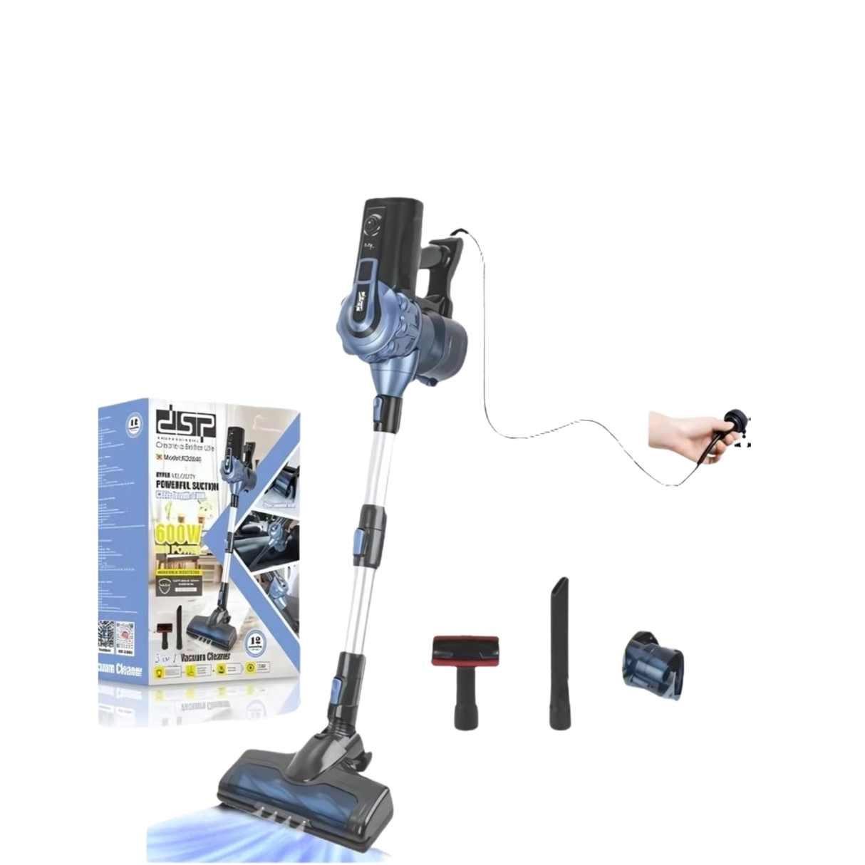 DSP 3-in-1 corded vacuum cleaner – 600W, featuring a smart design with LED lighting to reveal even the finest dust in dark corners.