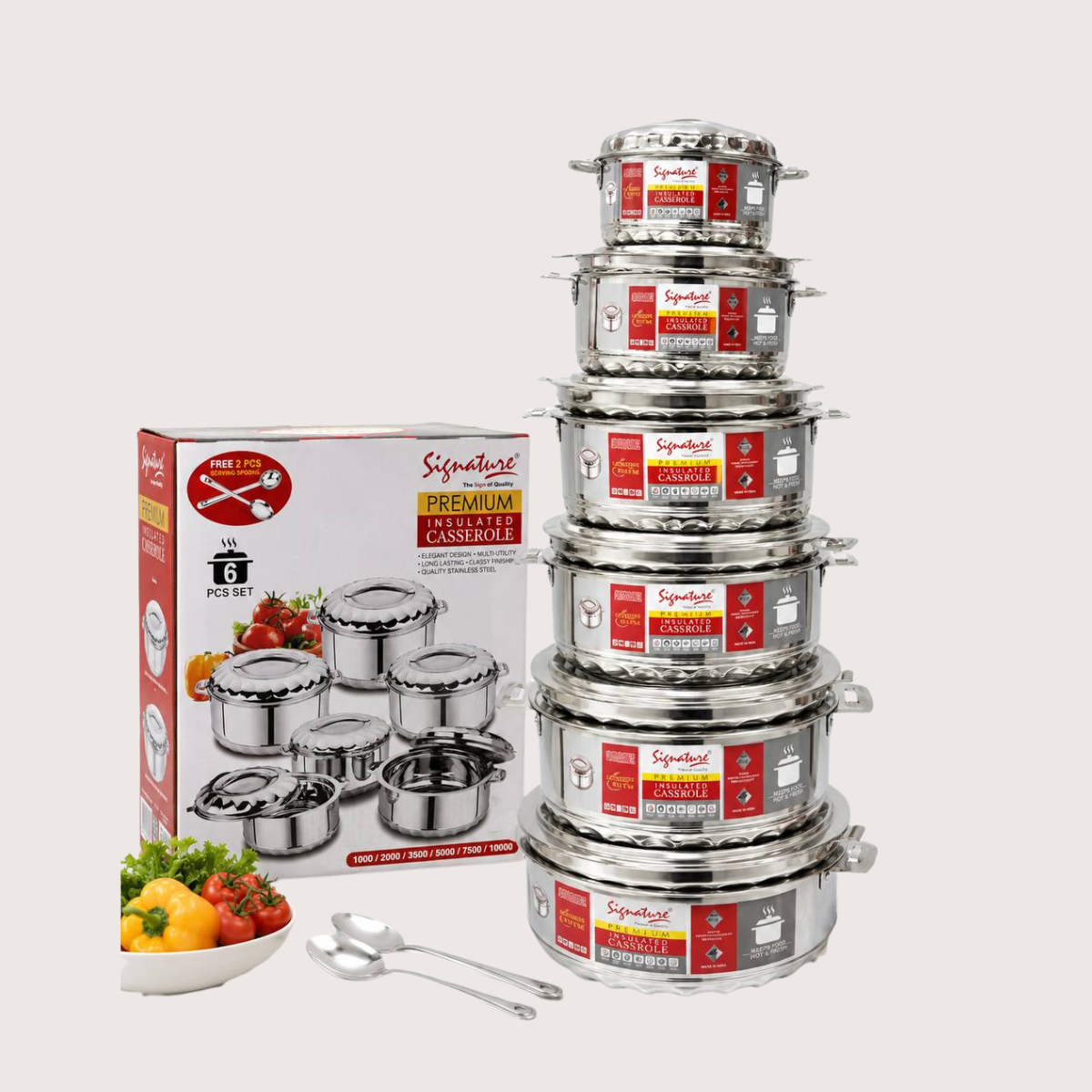 Signature Premium Insulated Casserole 6-Piece Set – Stainless Steel Hot Pots 1000–10000ml