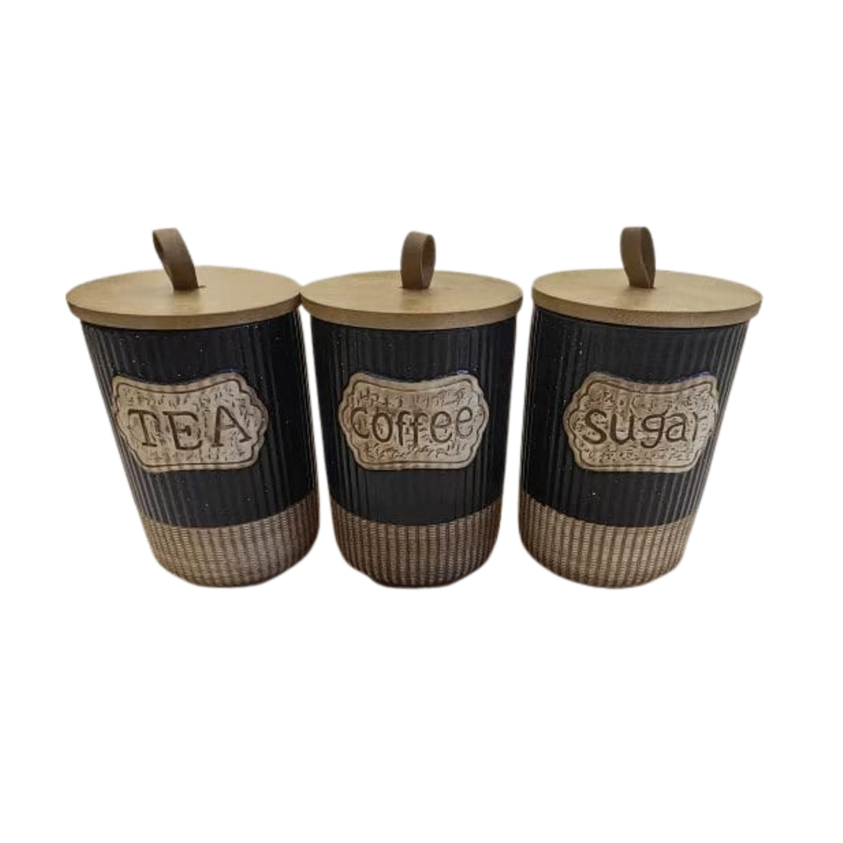 3pc Rustic Speckled Ceramic Canister Set with Wooden Tray – Tea, Coffee & Sugar Jars Kenya