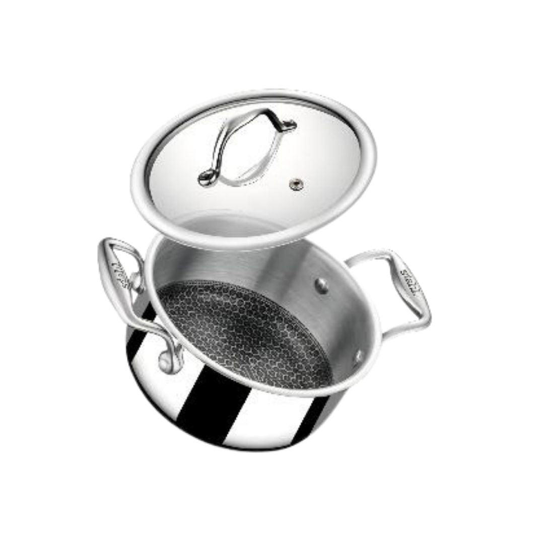 Stahl Artisan Triply Stainless Steel Saucepan with Dual Strainer Glass Lid | Easy Pour | Gas & Induction Friendly (16cm/1.5L)