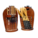 Premium 12 Piece Stainless Steel Kitchen Knife Set with Rotating Wooden & Acrylic Knife Block Holder Stand, 5pc Wooden Cooking Utensil Set & Chopping Cutting Board
