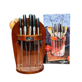 Premium 12 Piece Stainless Steel Kitchen Knife Set with Rotating Wooden & Acrylic Knife Block Holder Stand, 5pc Wooden Cooking Utensil Set & Chopping Cutting Board