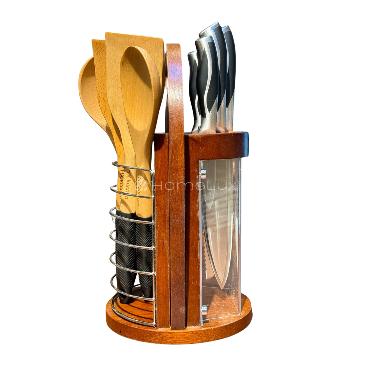 Premium 12 Piece Stainless Steel Kitchen Knife Set with Rotating Wooden & Acrylic Knife Block Holder Stand, 5pc Wooden Cooking Utensil Set & Chopping Cutting Board