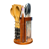 Premium 12 Piece Stainless Steel Kitchen Knife Set with Rotating Wooden & Acrylic Knife Block Holder Stand, 5pc Wooden Cooking Utensil Set & Chopping Cutting Board