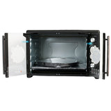 Rebune 75L French door oven interior with rotisserie spit and baking racks