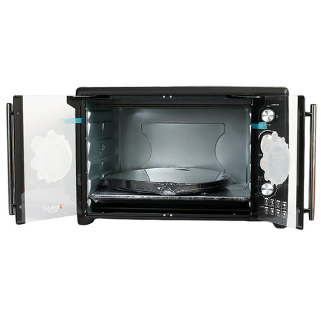 Rebune 75L French door oven interior with rotisserie spit and baking racks