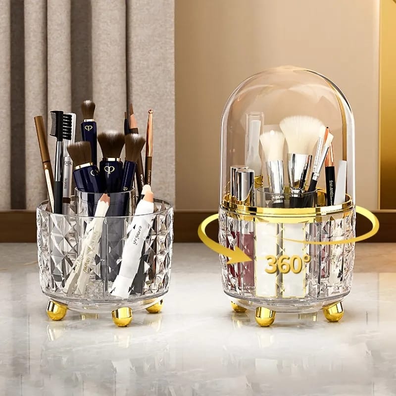 Luxury 360° rotating makeup brushes holder with lid