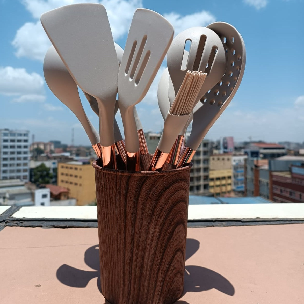 Utensil Caddy Set: Compact Cutlery Holder and 11 Piece White Silicone Utensil Set