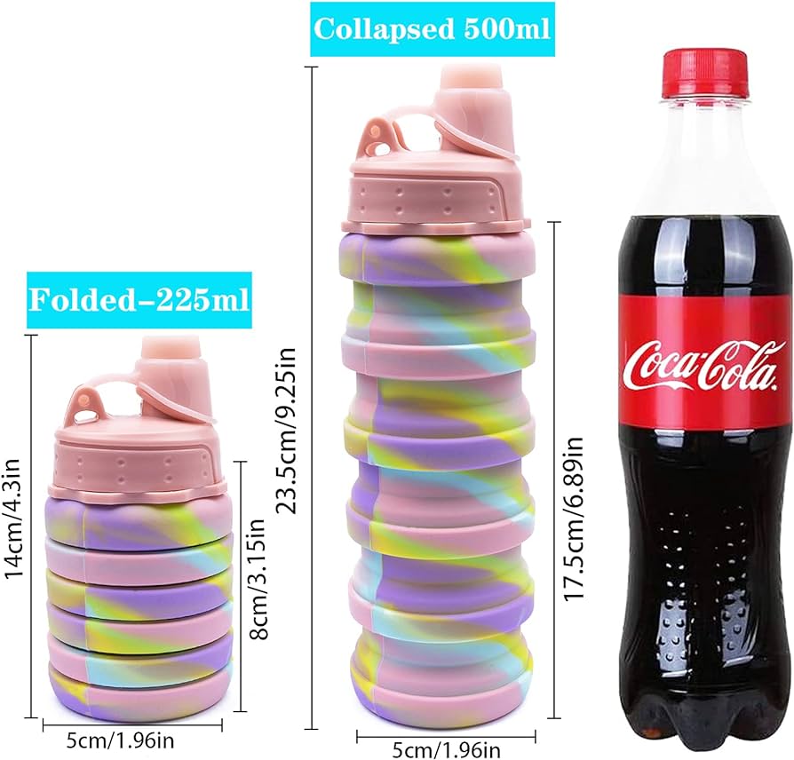 Multicoloured 500ml silicone collapsible water bottle